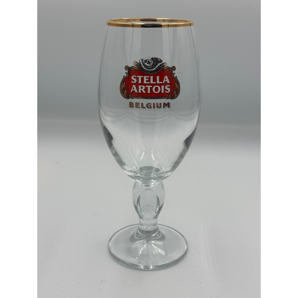 Stella Artois Belgium Beer Chalice Glass Gold Rim Stemmed Barware Collectible 16